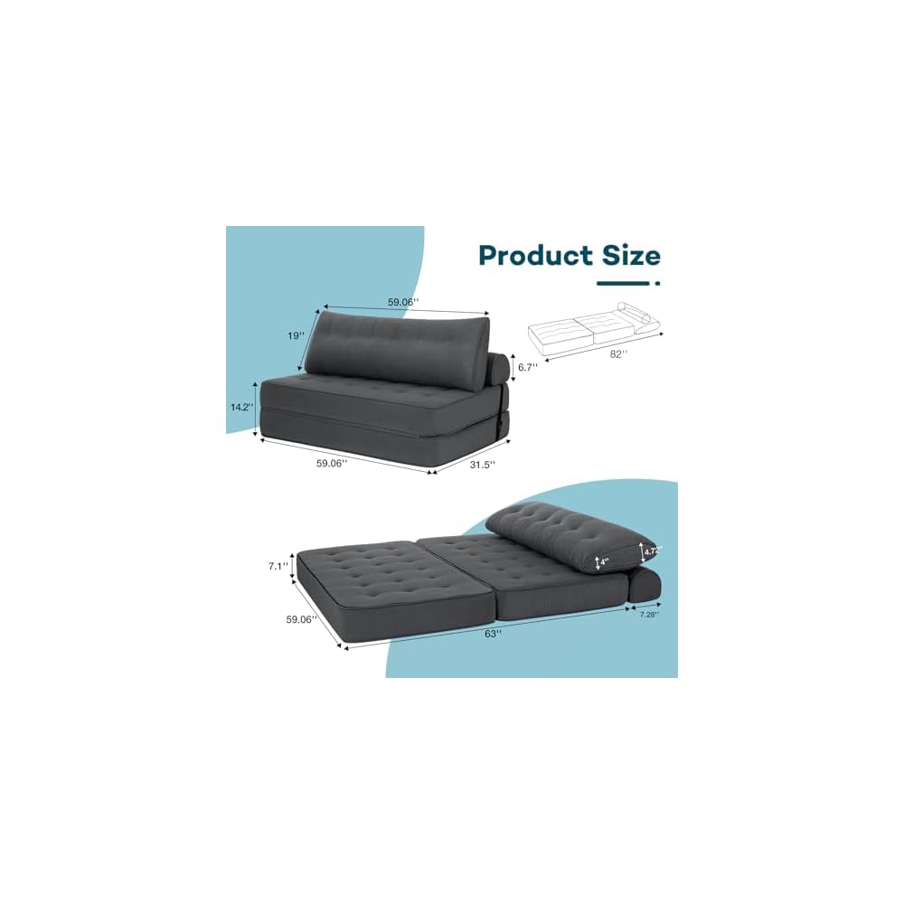 Folding Sofa Bed Sleeper Sofa Chair 3 in 1 Convertible Sofa Bed Queen-Grey