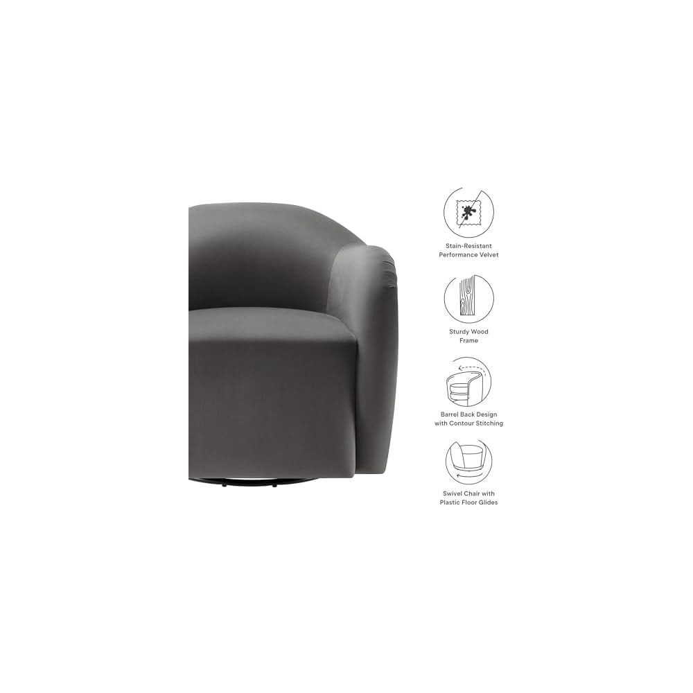 Modway Compose Performance Velvet Swivel Armchair in Storm Gray - Barrel Accent Chair - Comfy Round Single Sofa Chair with 360° Rotation - Modern Upholstered Club Chair for Living Room, Bedroom