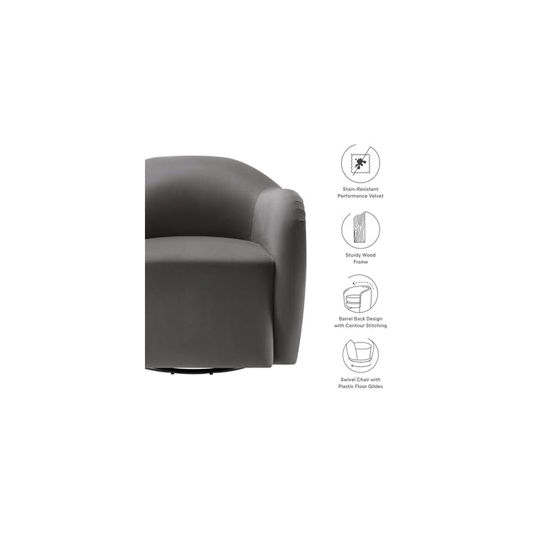 Modway Compose Performance Velvet Swivel Armchair in Storm Gray - Barrel Accent Chair - Comfy Round Single Sofa Chair with 360° Rotation - Modern Upholstered Club Chair for Living Room, Bedroom