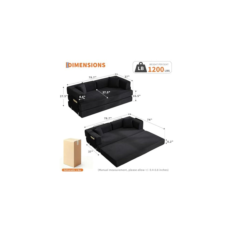 IDEALHOUSE Convertible Sofa Bed 5-in-1, 78.8 Inch Folding Futon Couch with Pull Out Bed, Corduroy Upholstered No-Assembly Loveseat Sleeper for Living Room, Bedroom, Lounge, Black