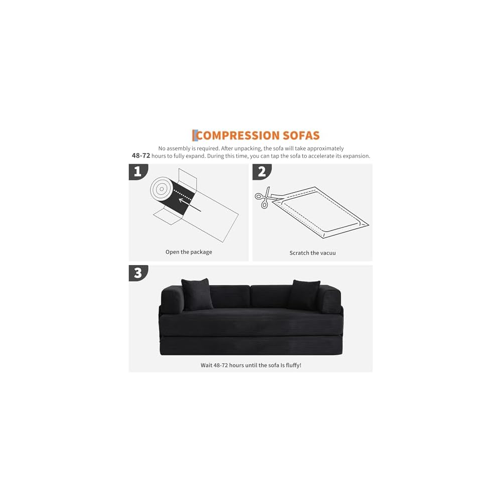 IDEALHOUSE Convertible Sofa Bed 5-in-1, 78.8 Inch Folding Futon Couch with Pull Out Bed, Corduroy Upholstered No-Assembly Loveseat Sleeper for Living Room, Bedroom, Lounge, Black