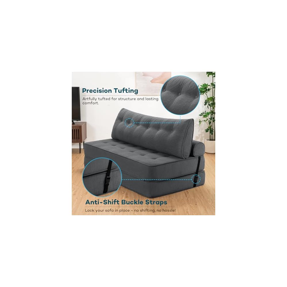 Folding Sofa Bed Sleeper Sofa Chair 3 in 1 Convertible Sofa Bed Queen-Grey