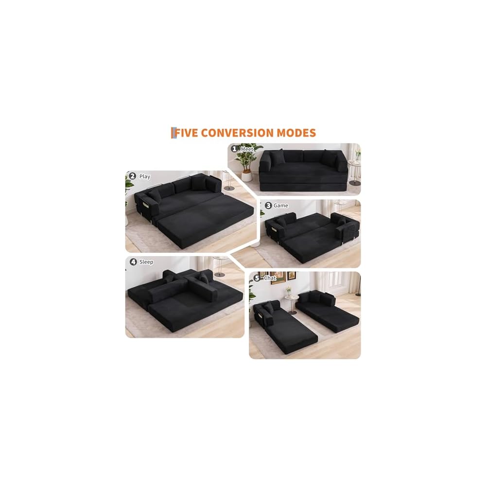 IDEALHOUSE Convertible Sofa Bed 5-in-1, 78.8 Inch Folding Futon Couch with Pull Out Bed, Corduroy Upholstered No-Assembly Loveseat Sleeper for Living Room, Bedroom, Lounge, Black