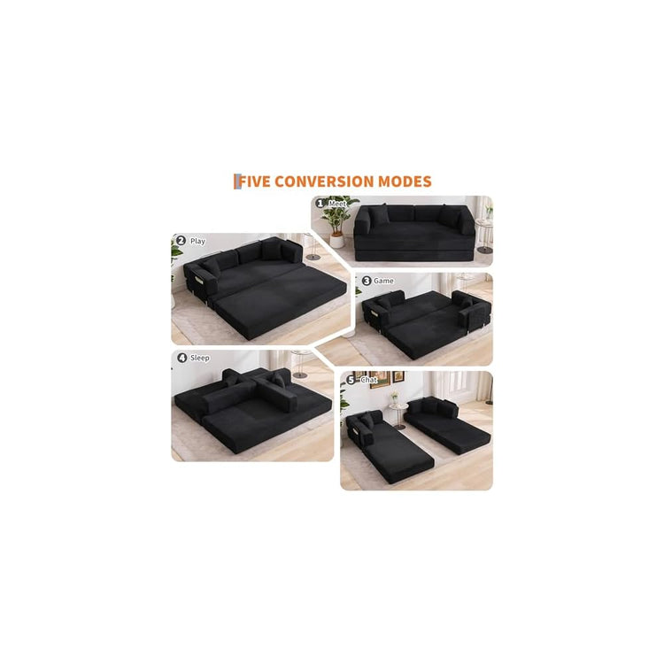 IDEALHOUSE Convertible Sofa Bed 5-in-1, 78.8 Inch Folding Futon Couch with Pull Out Bed, Corduroy Upholstered No-Assembly Loveseat Sleeper for Living Room, Bedroom, Lounge, Black