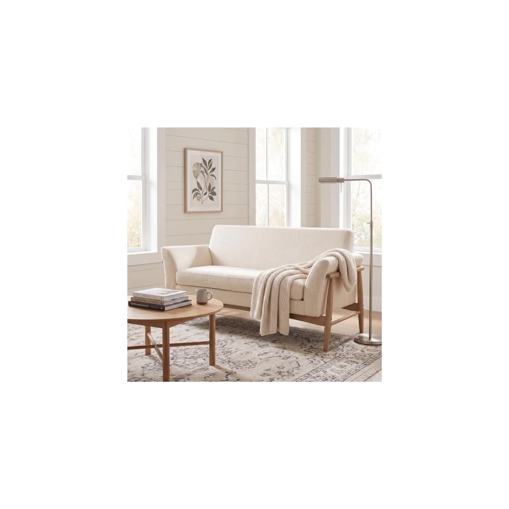 Merax Boucle Loveseat, Modern 2-Seater Upholstered Sofa with Flare Arms & Solid Wood Legs, Durable Wood Frame for Living Room, Beige+Natural