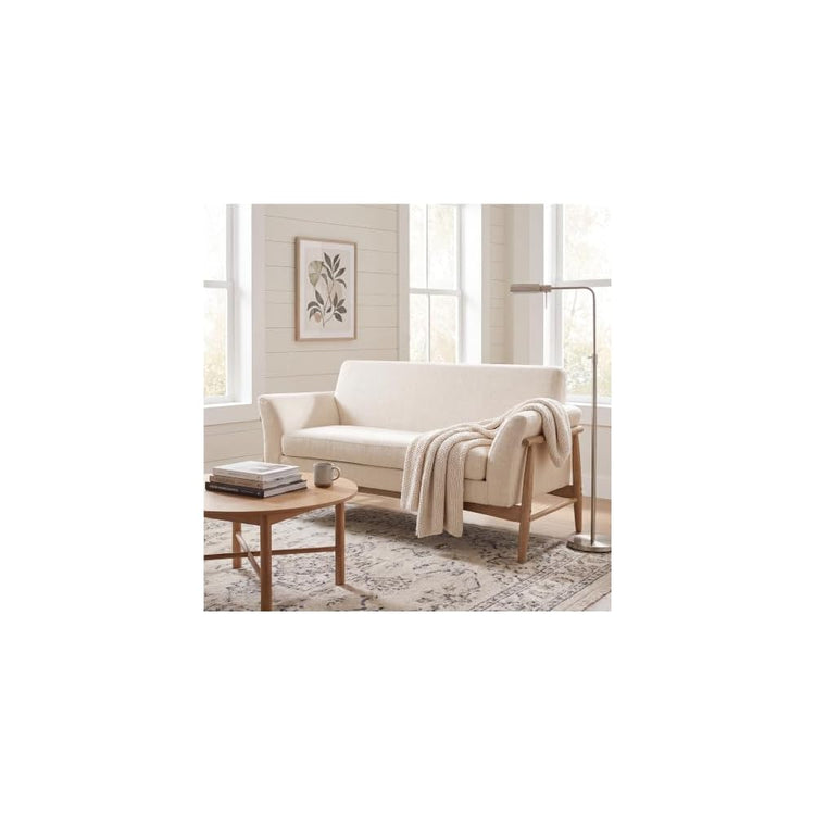 Merax Boucle Loveseat, Modern 2-Seater Upholstered Sofa with Flare Arms & Solid Wood Legs, Durable Wood Frame for Living Room, Beige+Natural