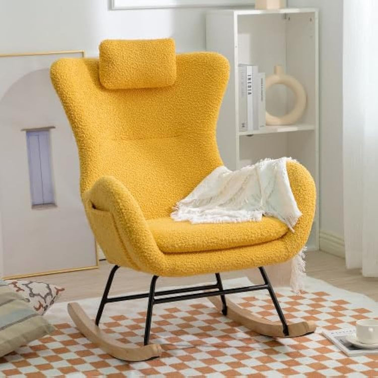 Rocking Chair Upholstered Glider Rocker Rocking Accent Chair Modern Lazy Chair Ergonomic Design 220 LBS Load Capacity Armchair Comfy Side Chair for Living Room Bedroom Yellow