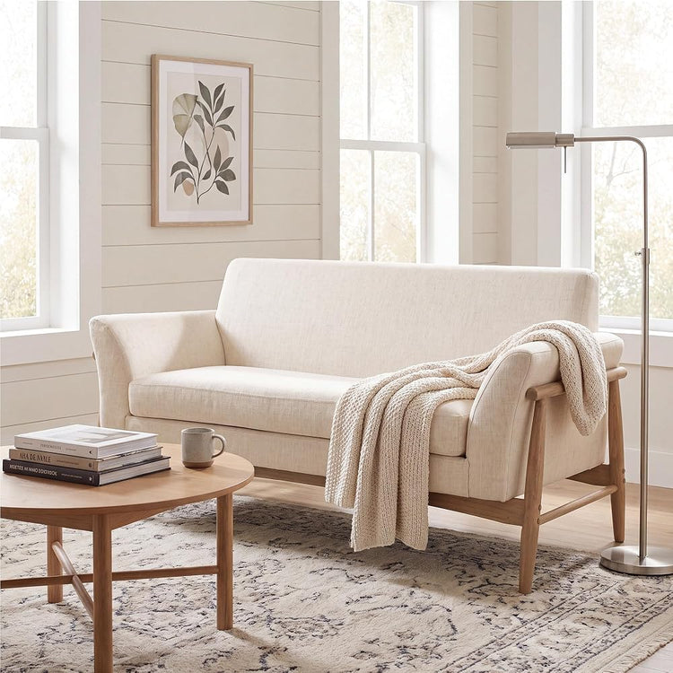 Merax Boucle Loveseat, Modern 2-Seater Upholstered Sofa with Flare Arms & Solid Wood Legs, Durable Wood Frame for Living Room, Beige+Natural