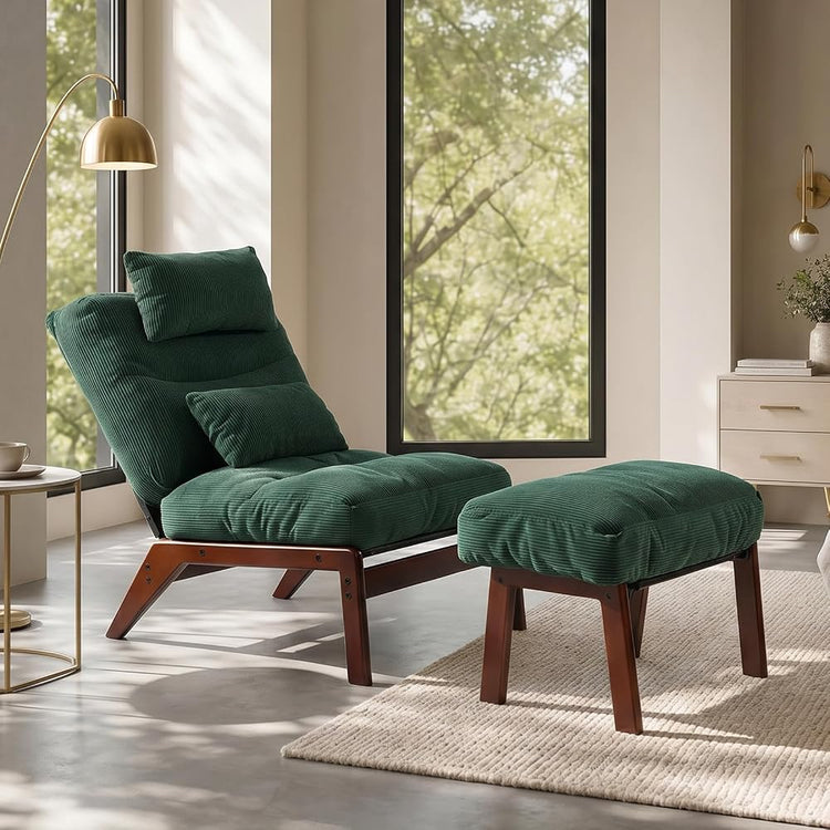 GEMBED Corduroy Accent Chair with Ottoman, Solid Wood Lounge Chair, Green
